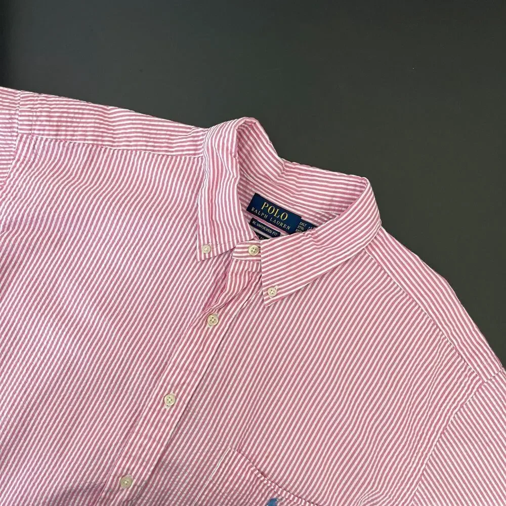 Polo Ralph Lauren Seersucker Shirt Mens 2XLT‎ Pink Stripe Untucked Fit Button Up